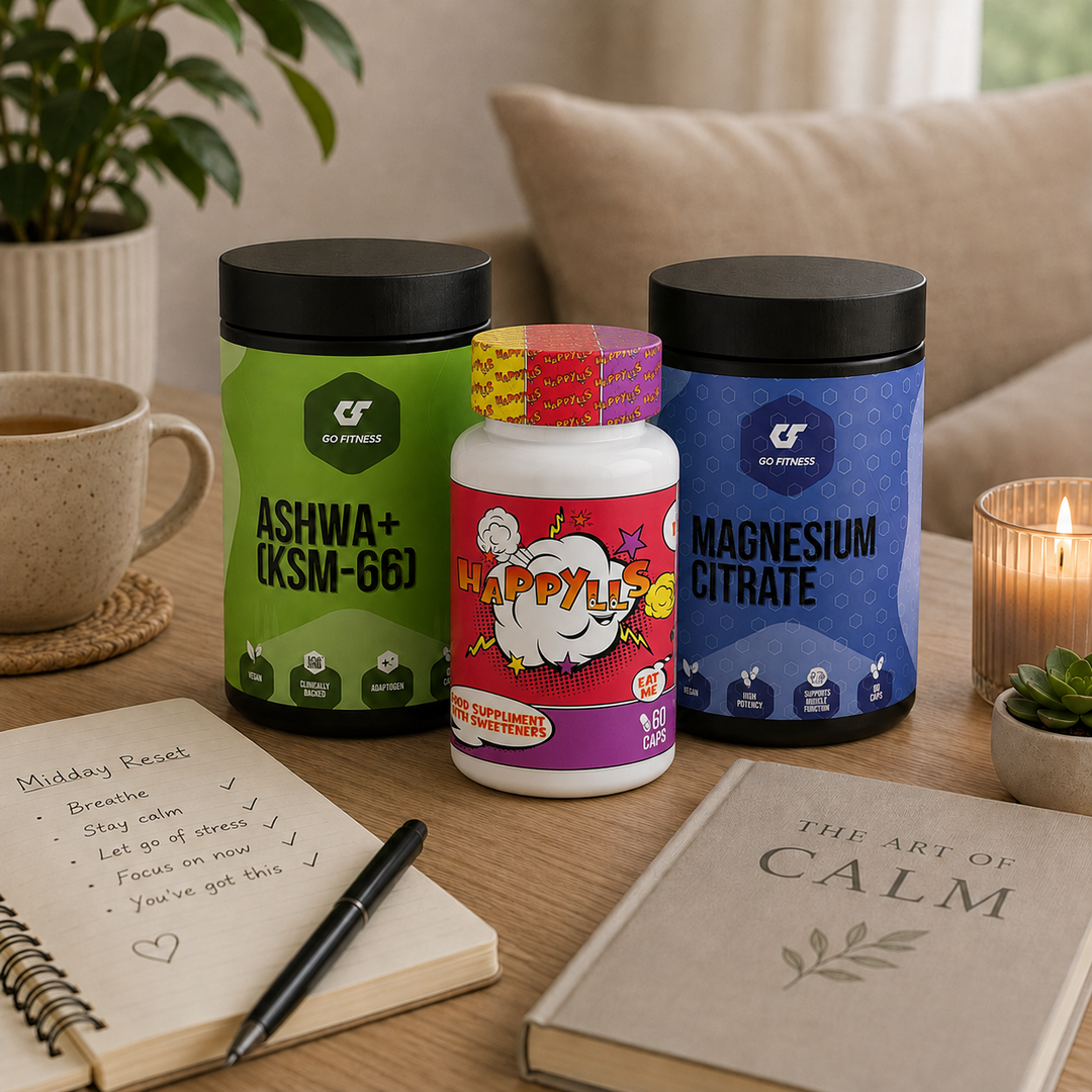 Протокол Анти-Стрес — Ниво 2 (STANDARD) с GO FITNESS Ashwa+ KSM-66, GO FITNESS Magnesium Citrate и Cvetita Herbal Happylls за спокойствие, фокус и емоционален баланс