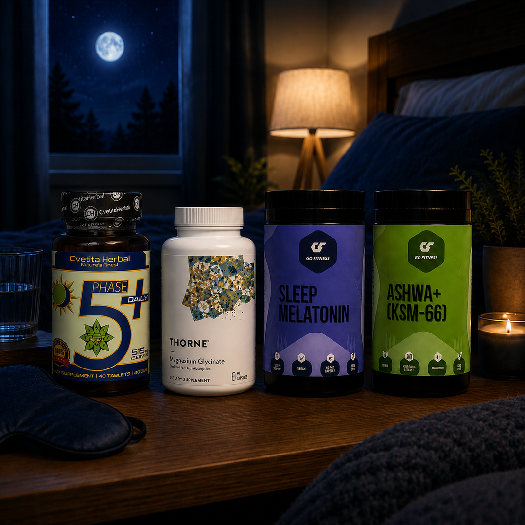Протокол Sleep & Recovery - Ниво 2 (STANDARD) с Thorne Magnesium Glycinate, GO FITNESS Sleep Melatonin, GO FITNESS Ashwa+ KSM-66 и Cvetita Herbal Phase 5+ Daily