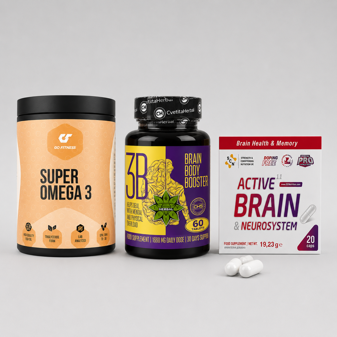 Протокол Памет & Концентрация — Ниво 2 (STANDARD) с GO FITNESS Super Omega 3, Cvetita Herbal Brain Body Booster и SCN Active Brain & Neurosystem за памет, концентрация и фокус