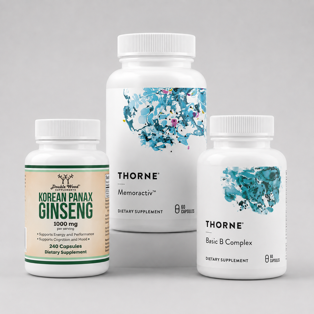 Протокол Памет & Концентрация — Ниво 3 (ADVANCED) с Thorne Memoractiv, Double Wood Korean Panax Ginseng 1000 mg и Thorne Basic B Complex за памет, концентрация, учене и умствена яснота