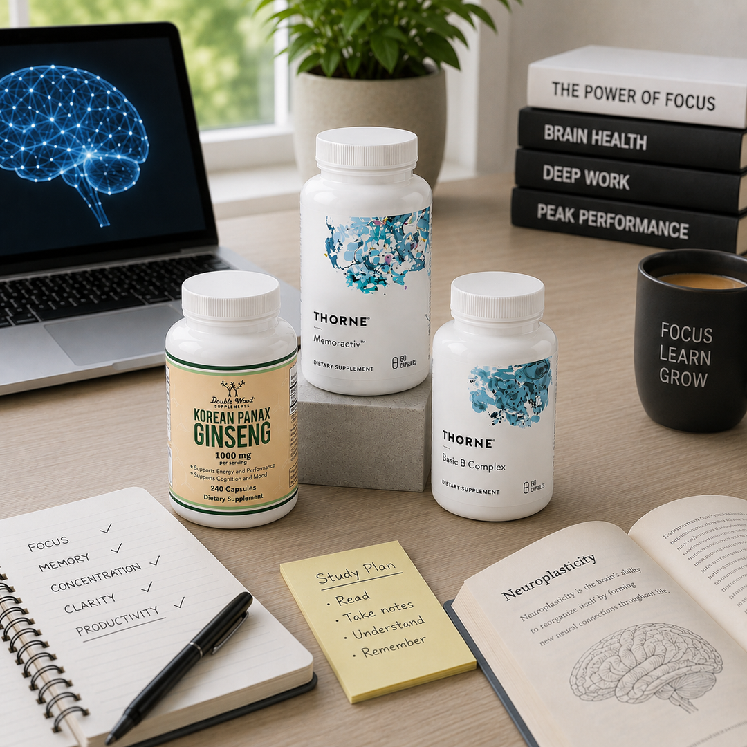 Протокол Памет & Концентрация — Ниво 3 (ADVANCED) с Thorne Memoractiv, Double Wood Korean Panax Ginseng 1000 mg и Thorne Basic B Complex за памет, концентрация, учене и умствена яснота