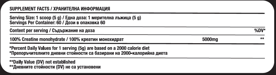 Хранителна информация Fitholic Pure Creatine 300 г: 5 г (5000 mg) креатин монохидрат в доза, 60 дози
