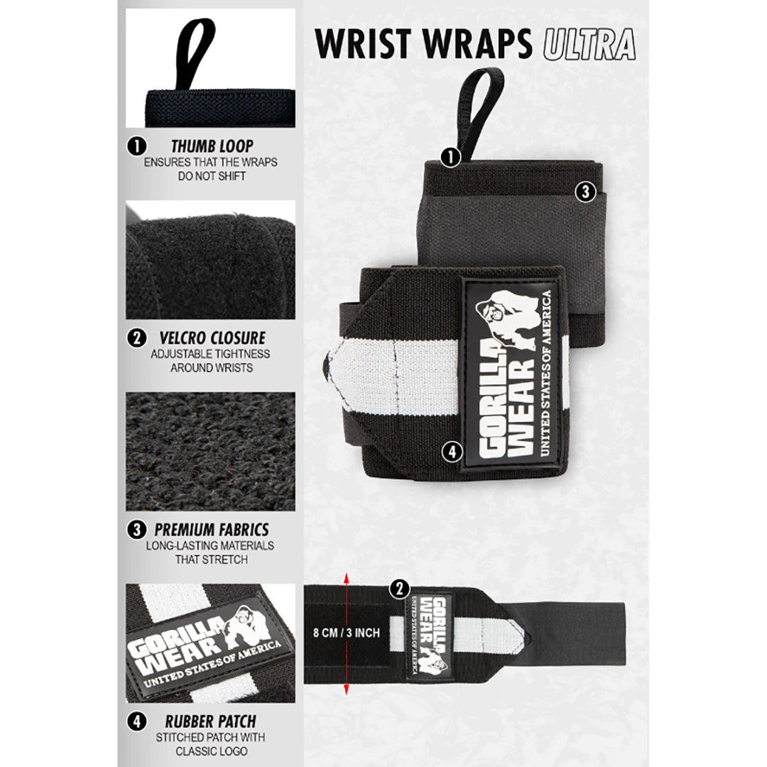 GORILLA WEAR Ластични бинтове за китки Wrist Wraps Ultra – Black/Black - GetMorePower.bg