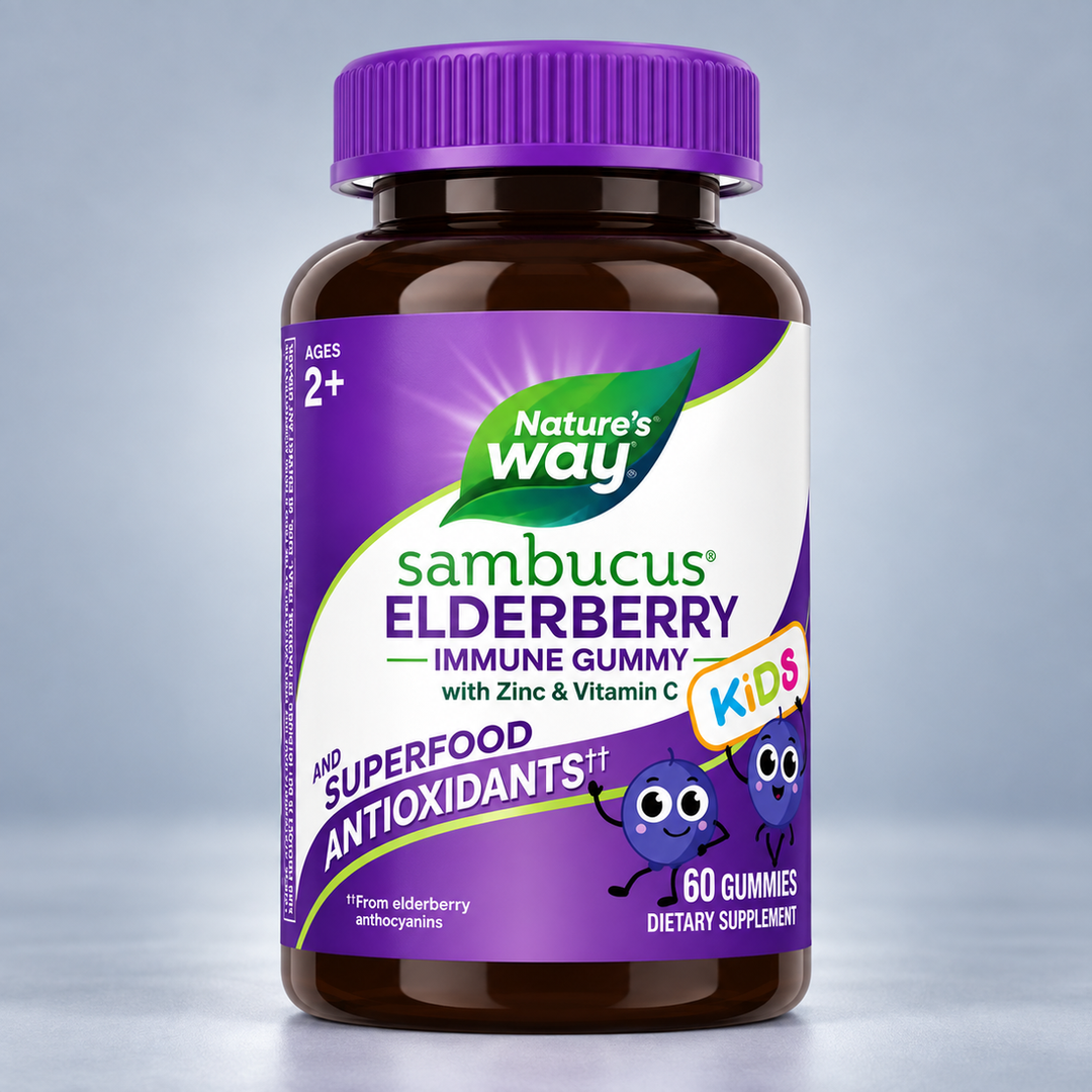 Nature's Way Самбукус за деца с черен бъз, витамин C и цинк | Sambucus Kids Immune Gummies – 60 желирани таблетки