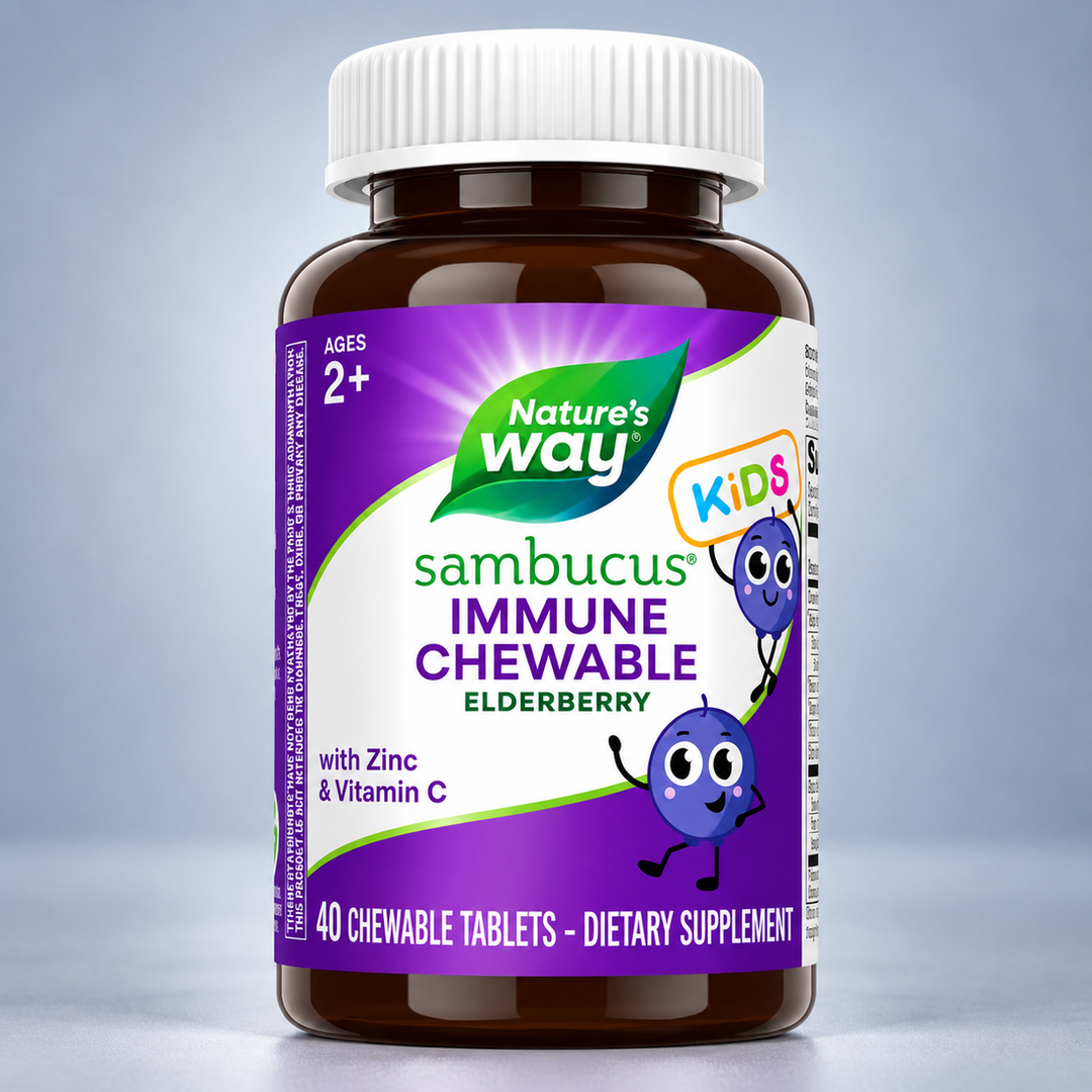Nature's Way Самбукус за деца с черен бъз, витамин C и цинк | Sambucus Kids Immune Chewable – 40 дъвчащи таблетки
