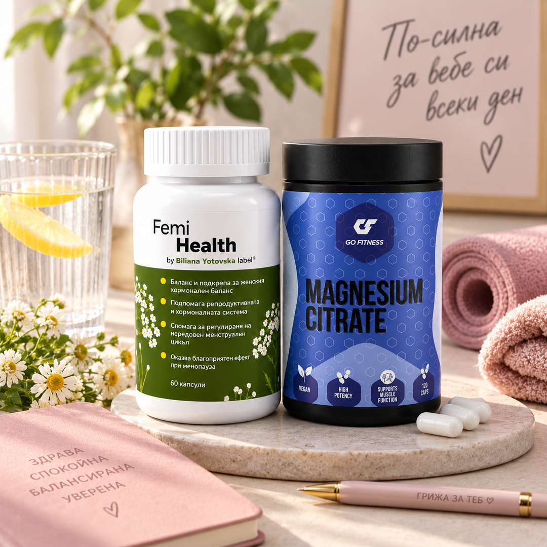 Протокол Менопауза – Ниво 1 BASIC с Femi Health и GO FITNESS Magnesium Citrate в ежедневна wellness среда