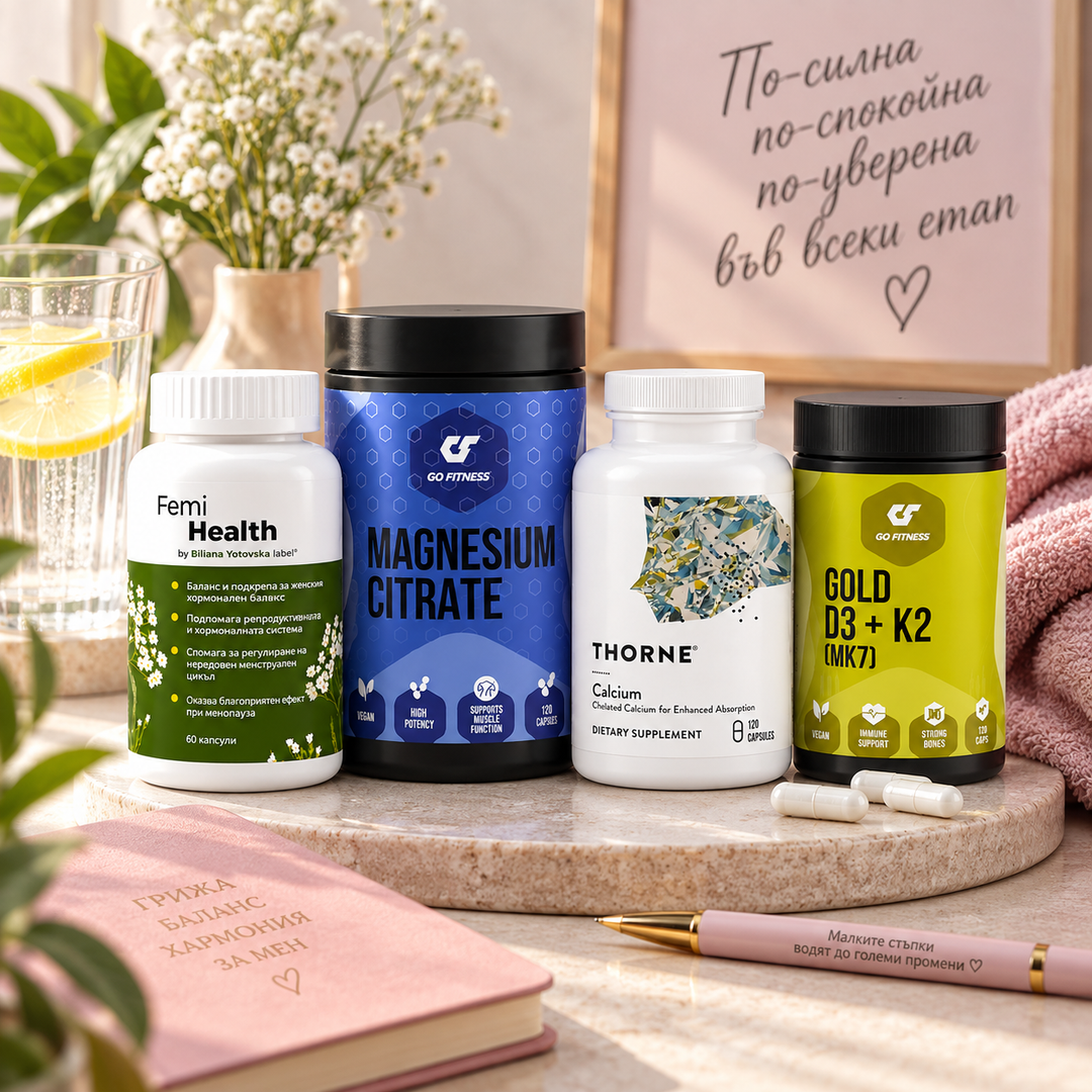 Протокол Менопауза – Ниво 2 STANDARD с Femi Health, Magnesium Citrate, Thorne Calcium и D3 + K2 в ежедневна wellness среда