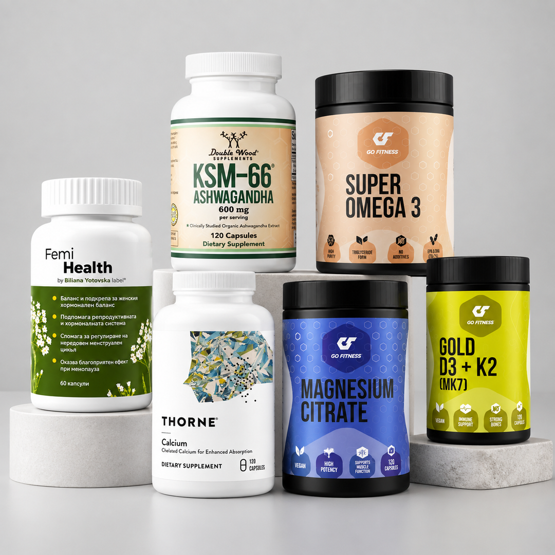 Протокол Менопауза – Ниво 3 ADVANCED с Femi Health, Magnesium Citrate, Thorne Calcium, D3 + K2, KSM-66 Ashwagandha и Super Omega 3