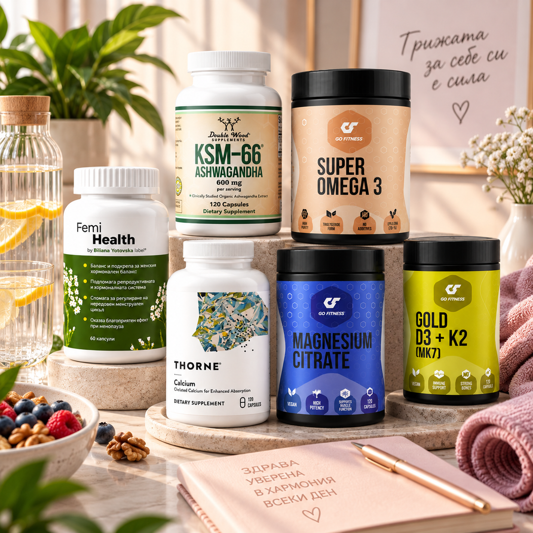 Протокол Менопауза – Ниво 3 ADVANCED с Femi Health, Magnesium Citrate, Thorne Calcium, D3 + K2, KSM-66 Ashwagandha и Super Omega 3 в premium wellness среда
