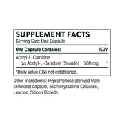 Thorne Acetyl-L-Carnitine – хранителни стойности (Supplement Facts) на опаковката