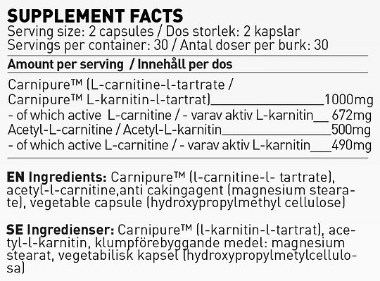 SWEDISH Supplements – L‑Carnitine Forte / Carnipure® + Acetyl (60 капсули, 30 дози) - GetMorePower.bg