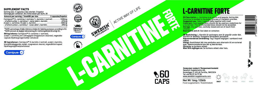 SWEDISH Supplements – L‑Carnitine Forte / Carnipure® + Acetyl (60 капсули, 30 дози) - GetMorePower.bg
