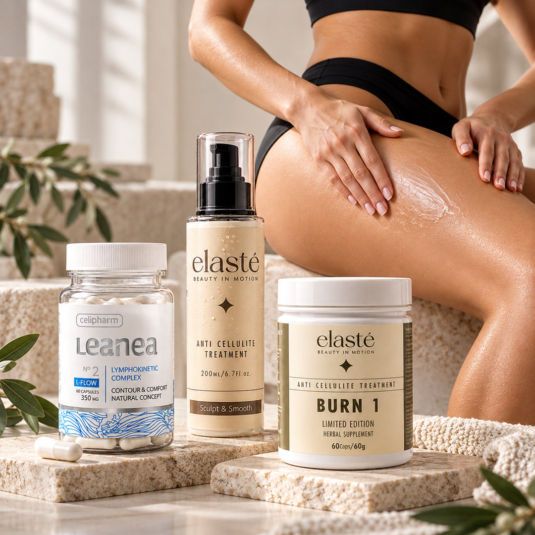 Антицелулитен протокол – 30 дни: ежедневна грижа с гел за масаж Elasté Sculpt & Smooth и хранителните добавки Elasté Burn 1 и LEANEA №2 L-Flow