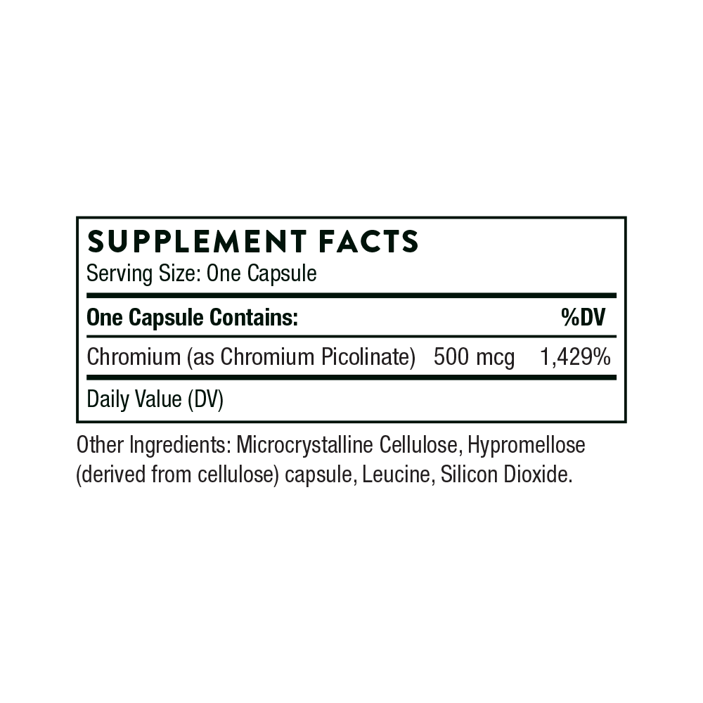 Thorne Chromium Picolinate – хранителни стойности (Supplement Facts) на опаковката