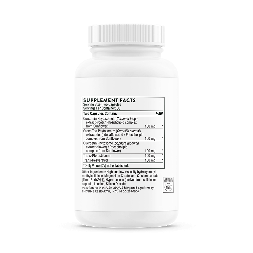 Thorne Resveratrol Complex – задна страна на опаковката с инструкции и пълен състав