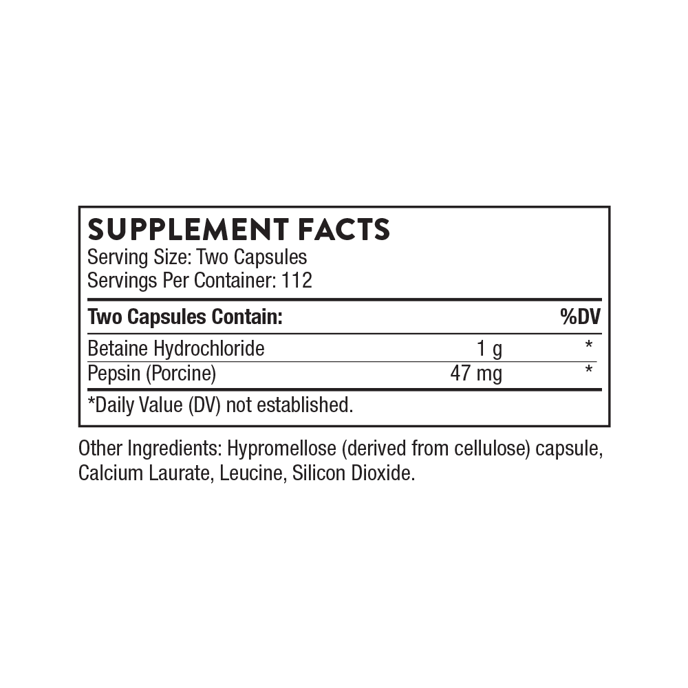 Thorne Betaine HCL & Pepsin – хранителни стойности (Supplement Facts) на опаковката