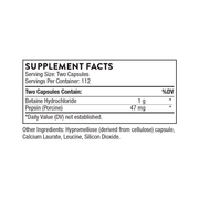 Thorne Betaine HCL & Pepsin – хранителни стойности (Supplement Facts) на опаковката