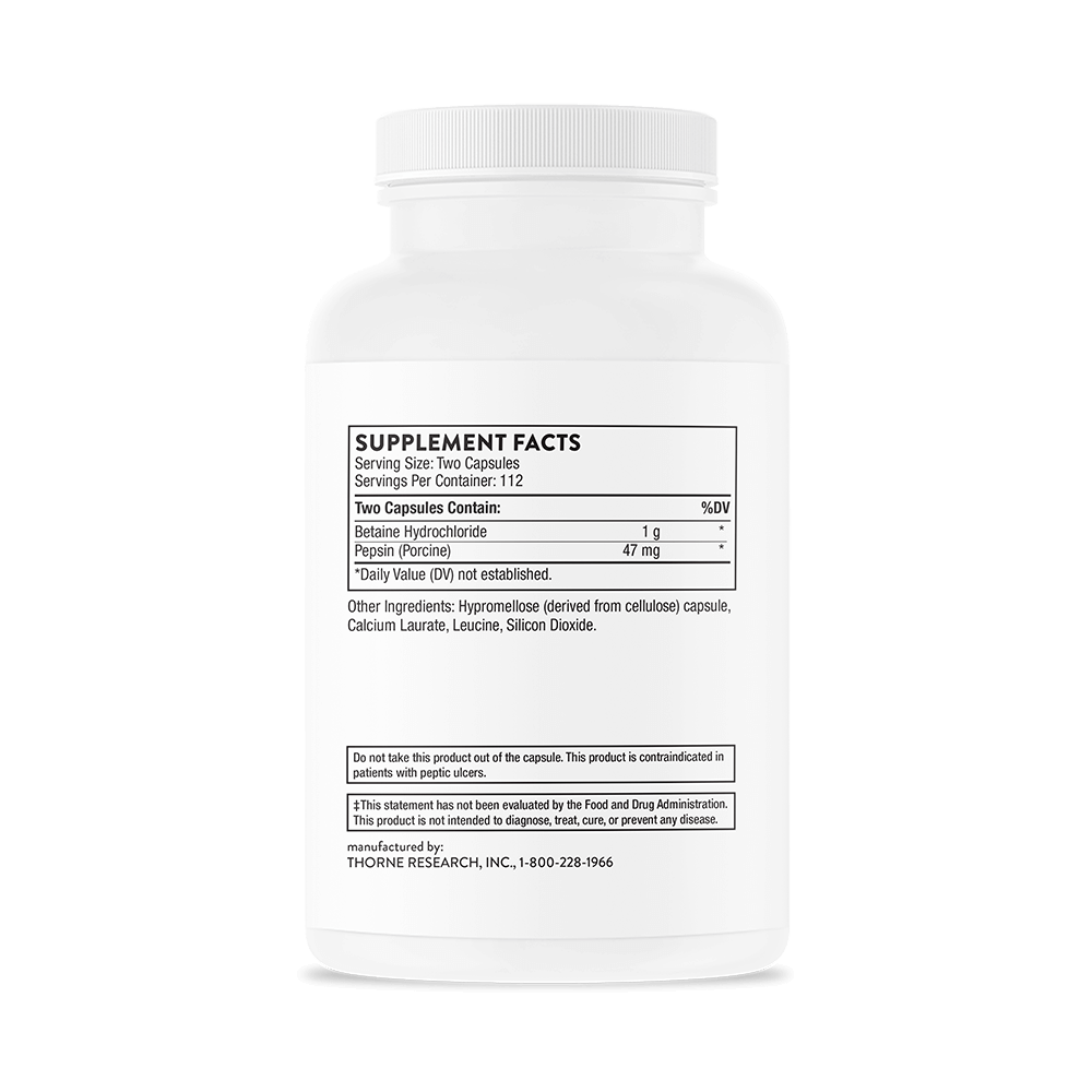 Thorne Betaine HCL & Pepsin – задна страна на опаковката с предупреждения и инструкции