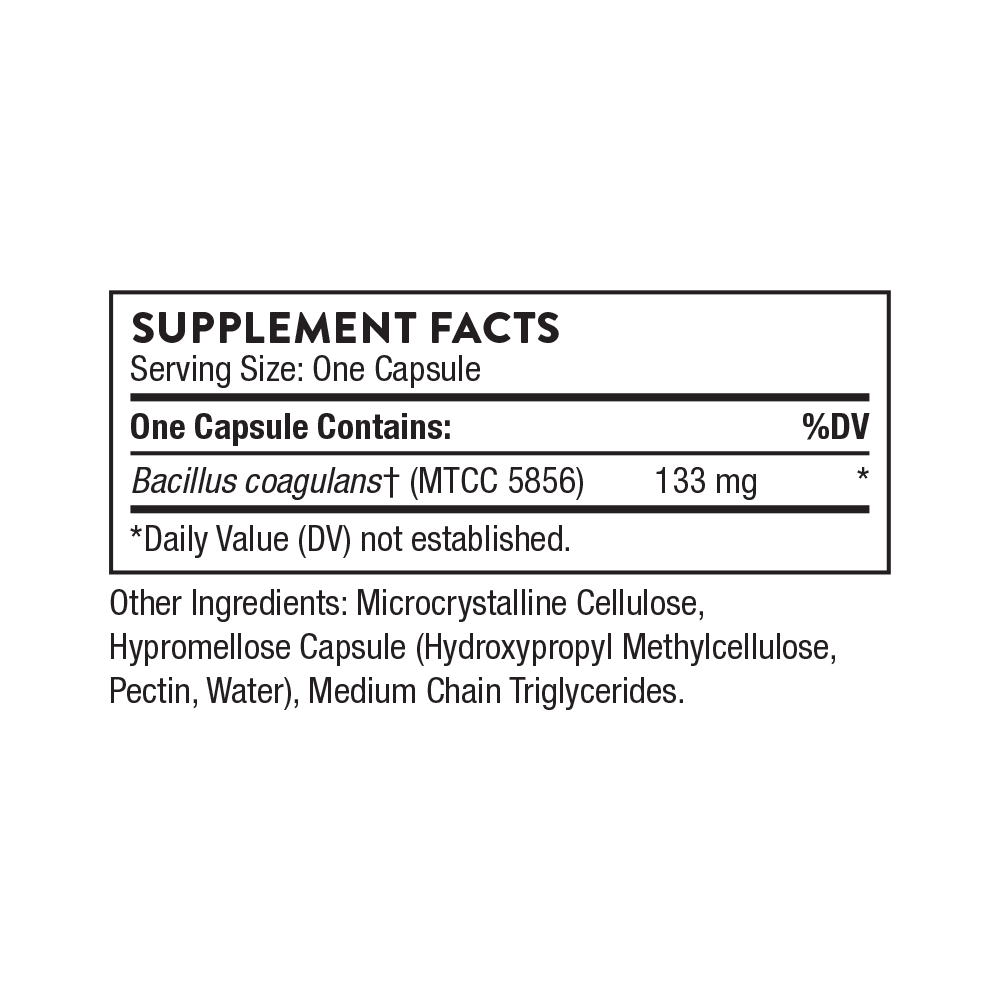 Thorne Bacillus Coagulans – хранителни стойности (Supplement Facts) на опаковката