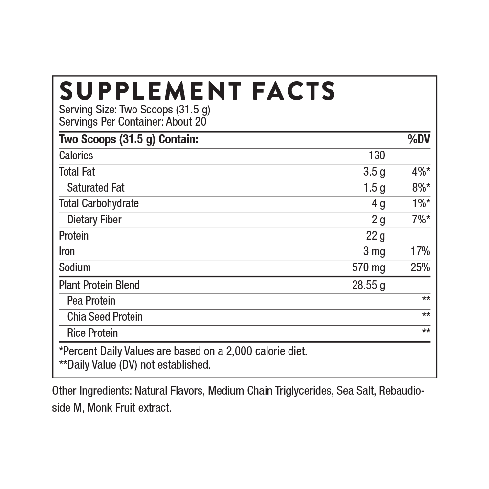 Thorne Plant Protein Vanilla – хранителни стойности (Supplement Facts) на опаковката