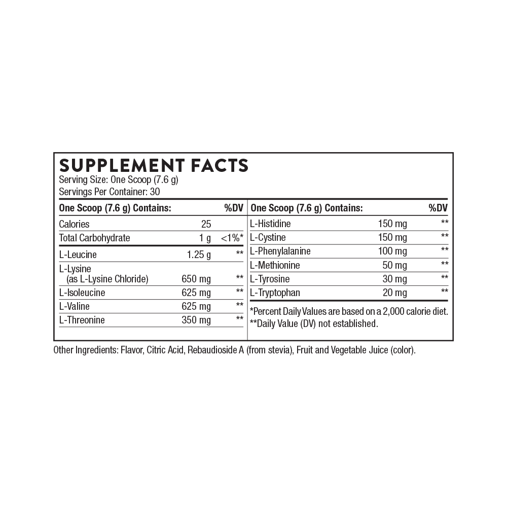 Thorne Amino Complex – хранителни стойности (Supplement Facts) на опаковката