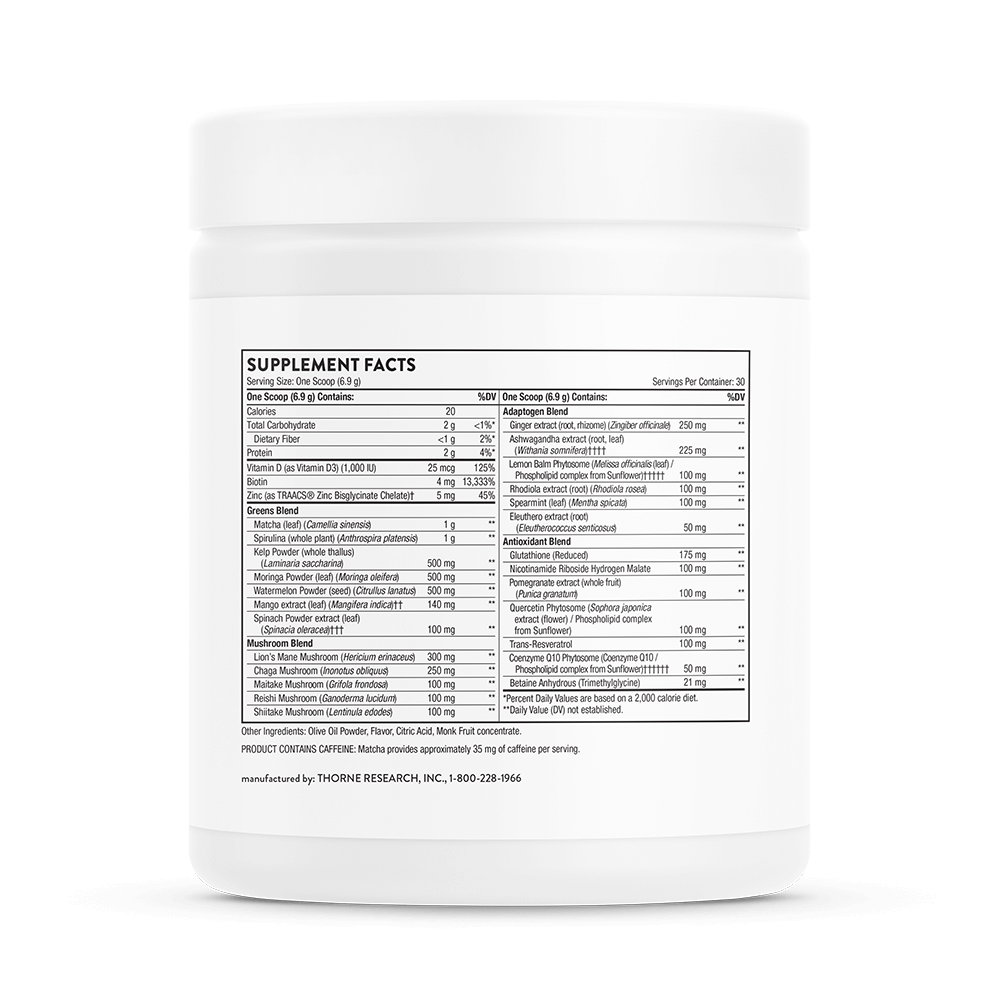 Thorne Daily Greens Plus – хранителни стойности (Supplement Facts) на опаковката